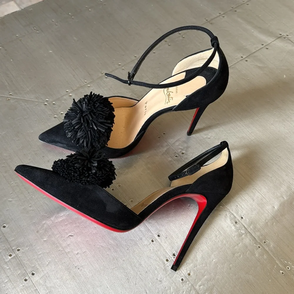 Christian Louboutin tsarou 100mm black suede stiletto pom Pom sz 38
